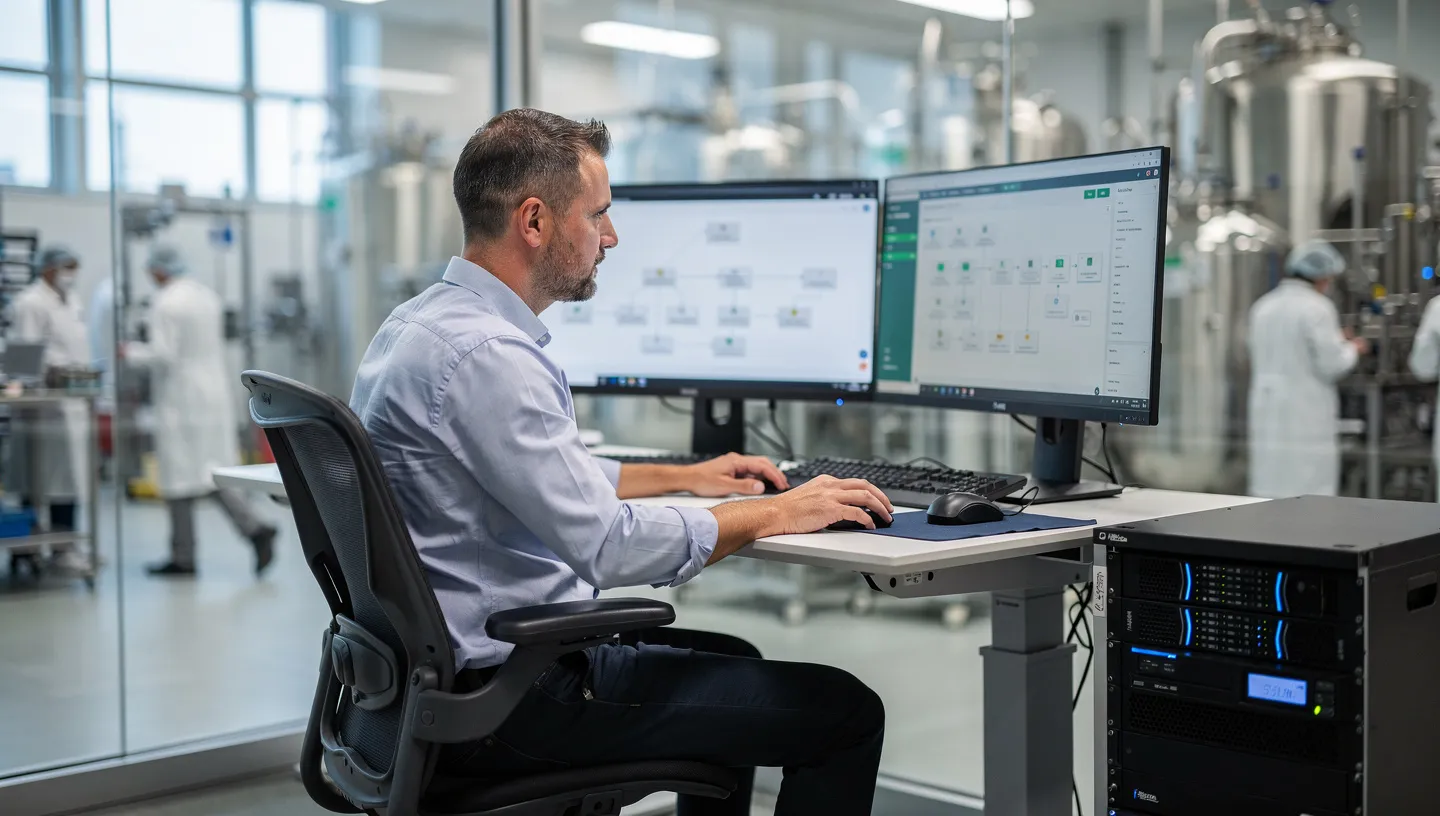 IT manager reviewing cloud infrastructure and security dashboards in a modern office overlooking a production facility