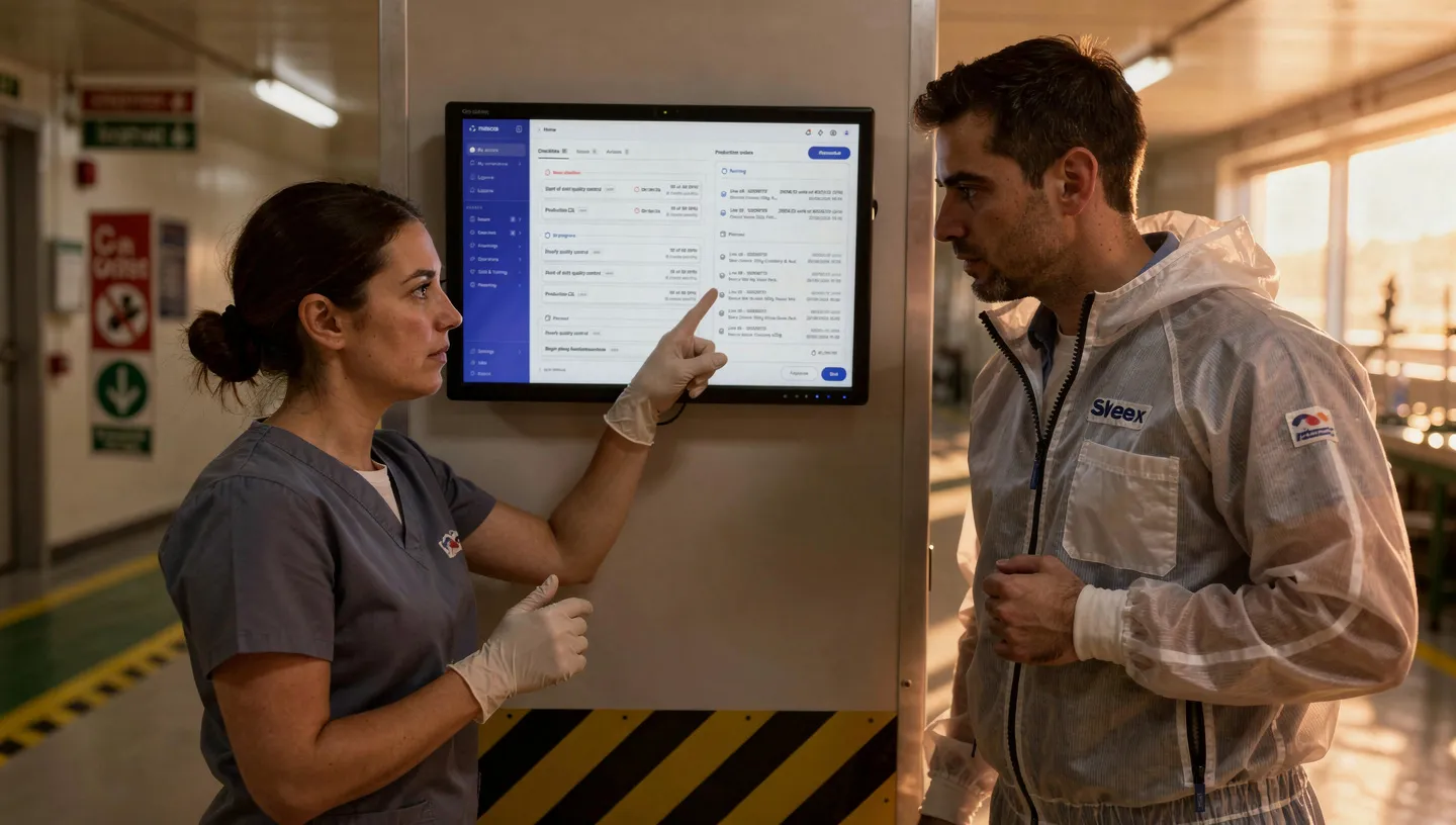Two operators at a shift handover station reviewing the digital logbook