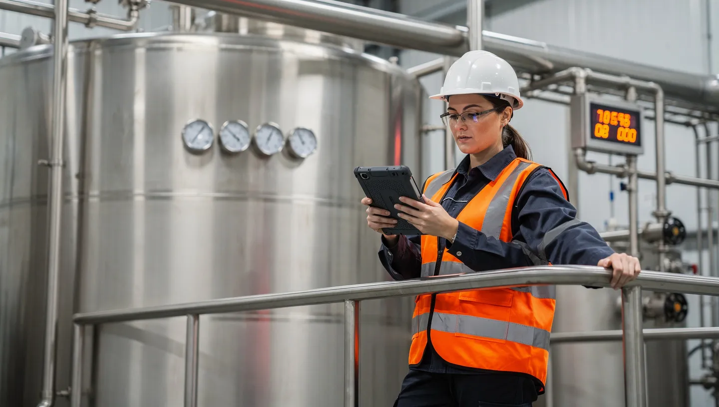 Operator entering a logbook note on a tablet next to a process tank