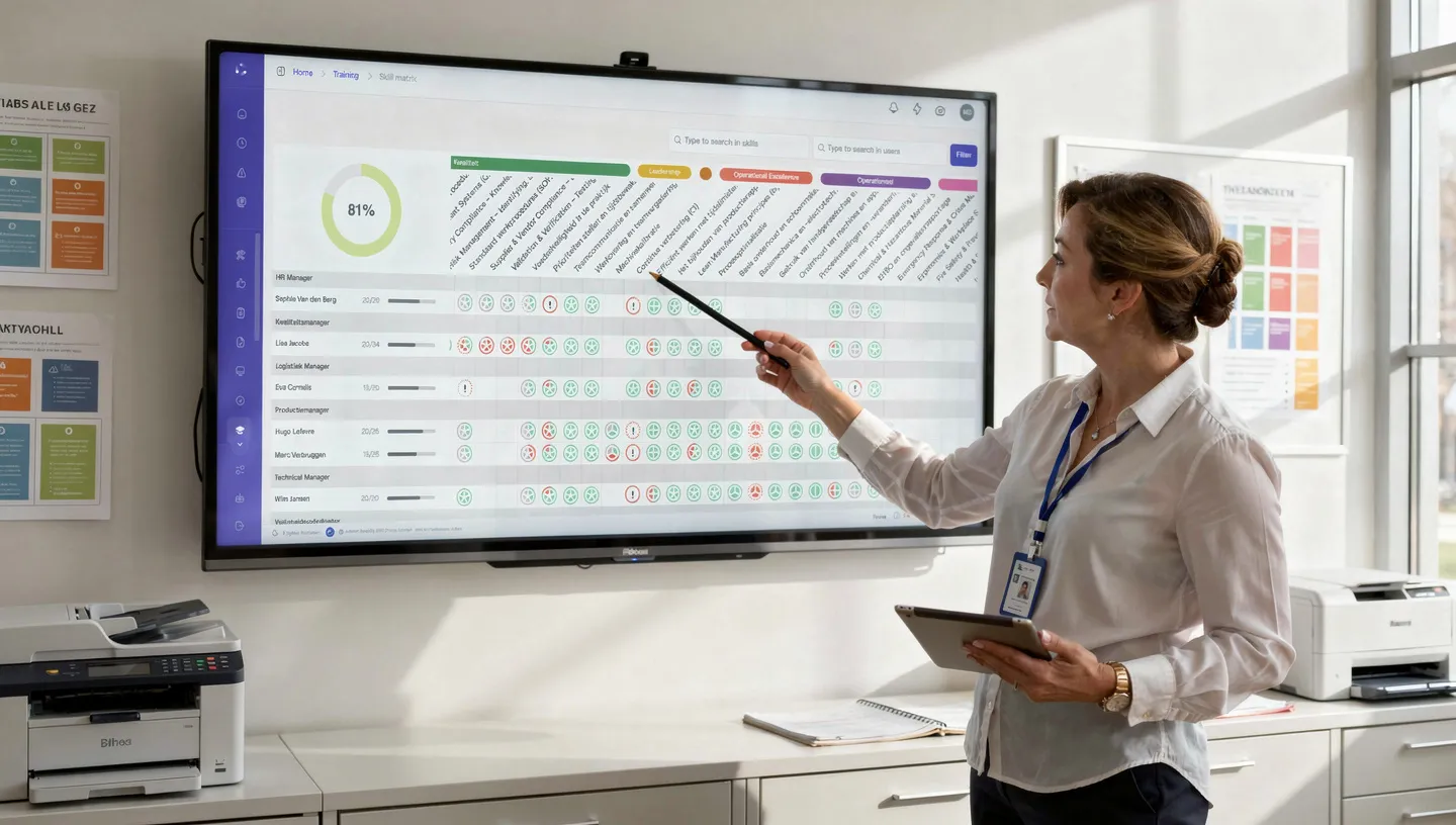 Training manager analyzing the skill matrix on a large monitor in the HR office