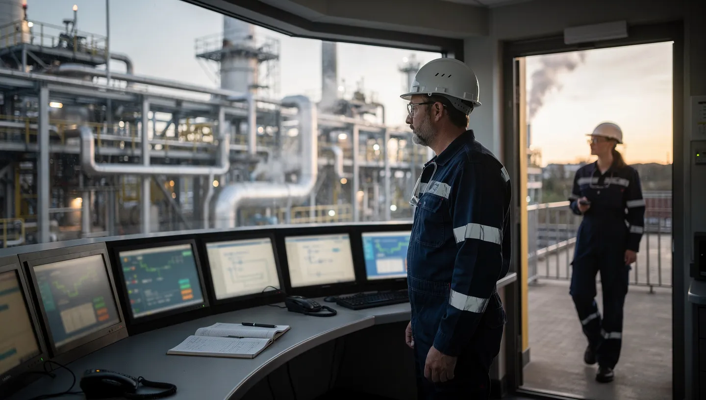Process operator monitoring safety-critical equipment in a chemical plant control room