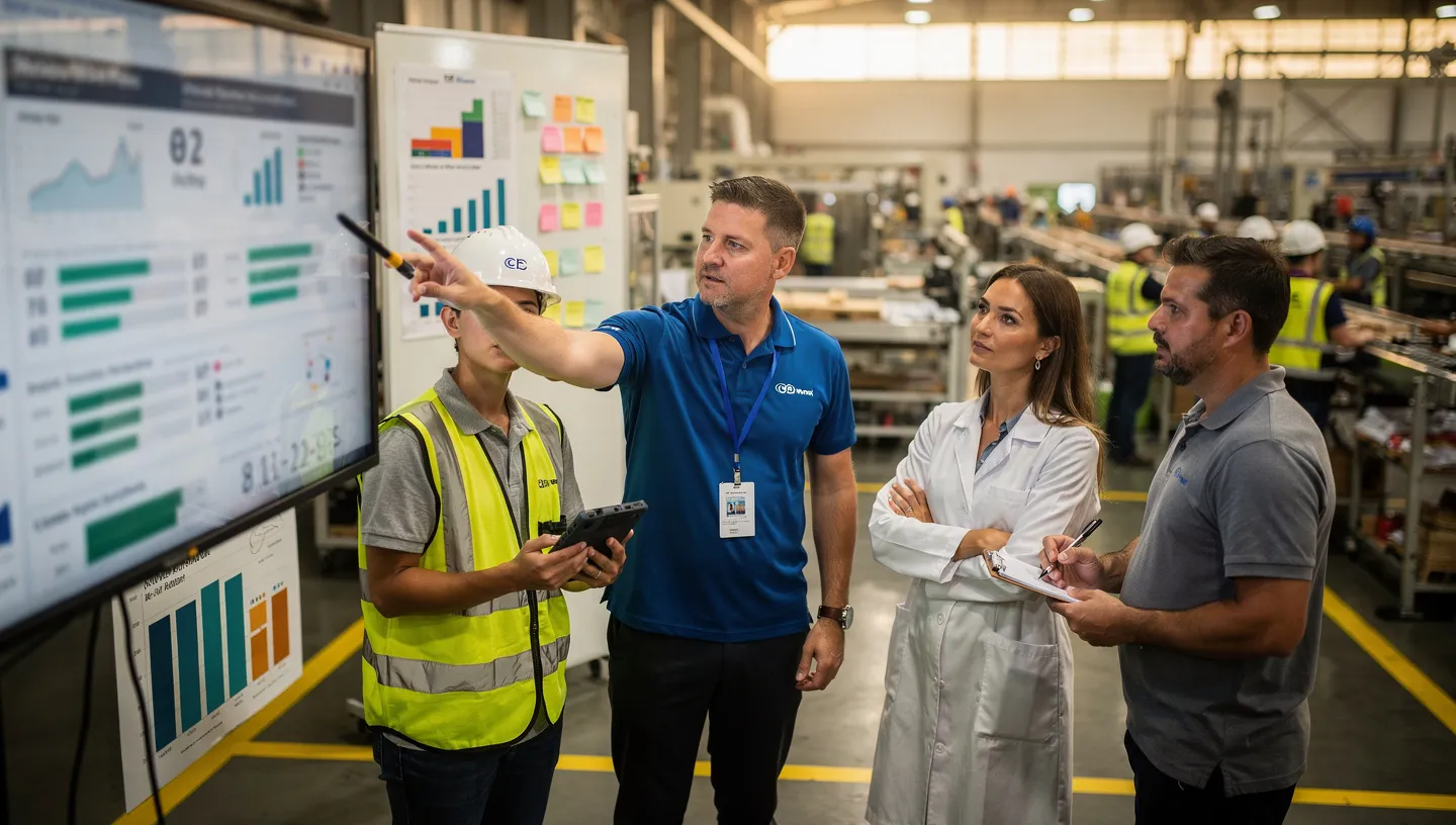 Production team reviewing live KPIs at a tier meeting board on the factory floor