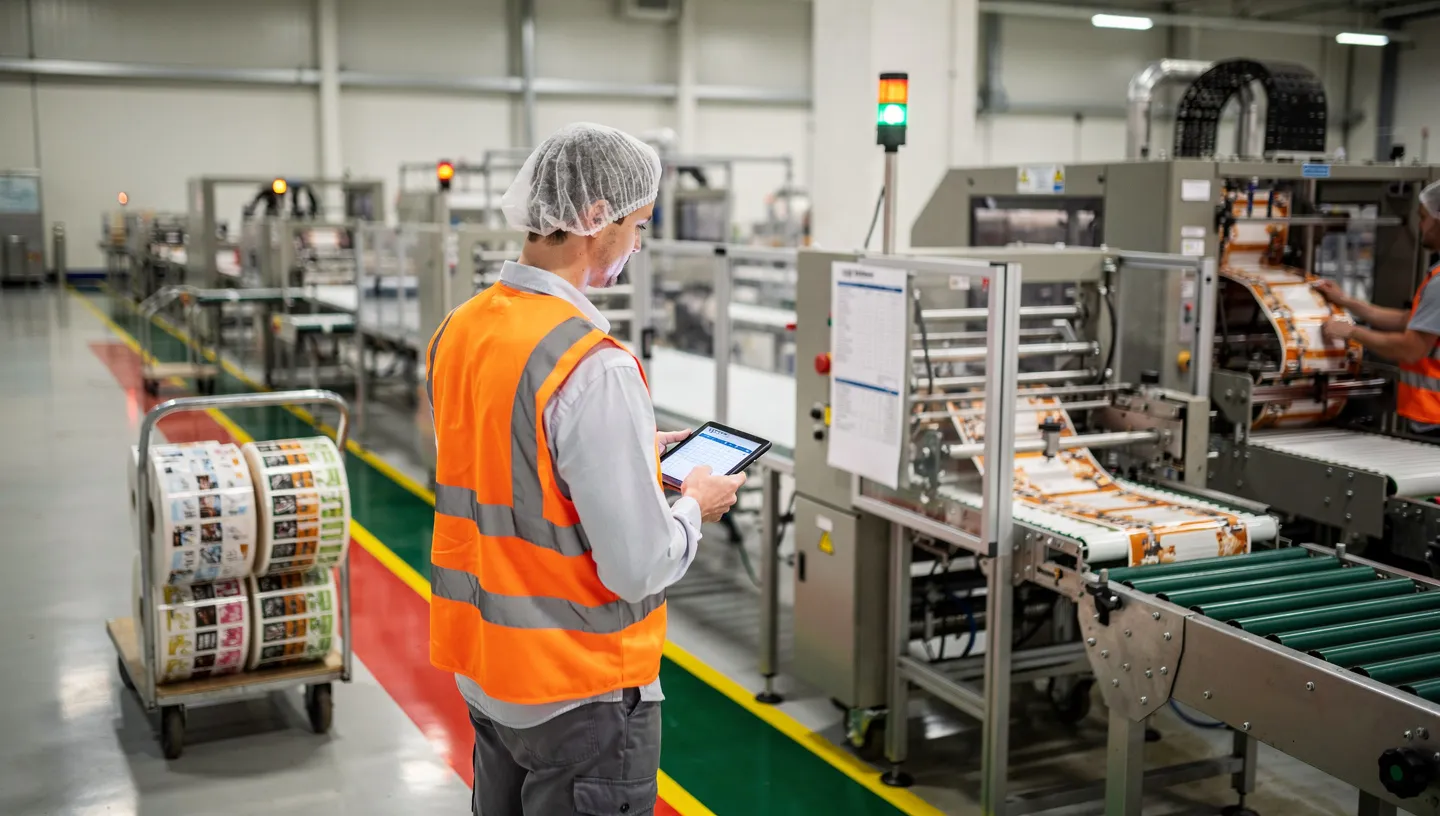 Operator managing a high-speed packaging line changeover in a CPG facility