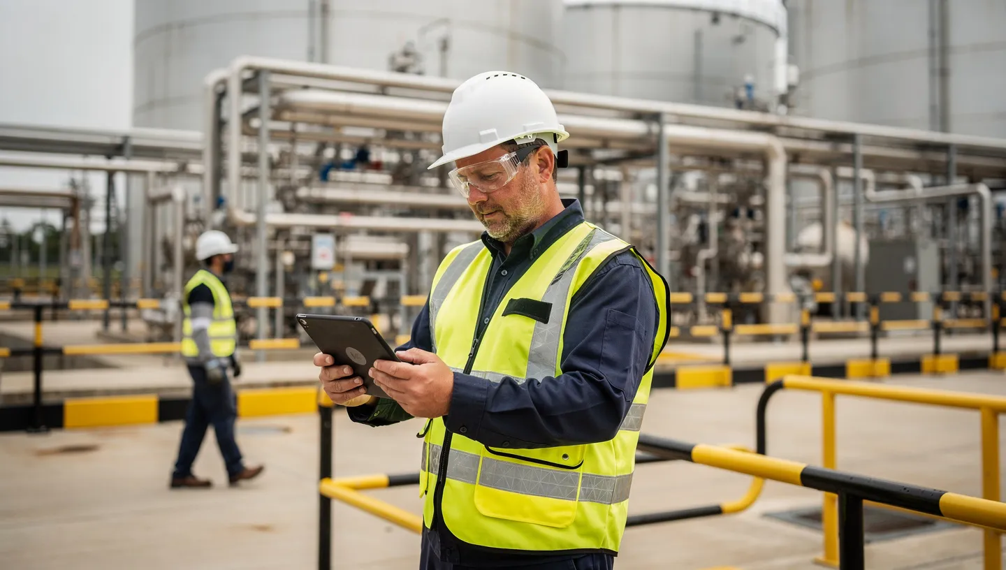 EHS manager conducting a safety walkthrough on a chemical production floor