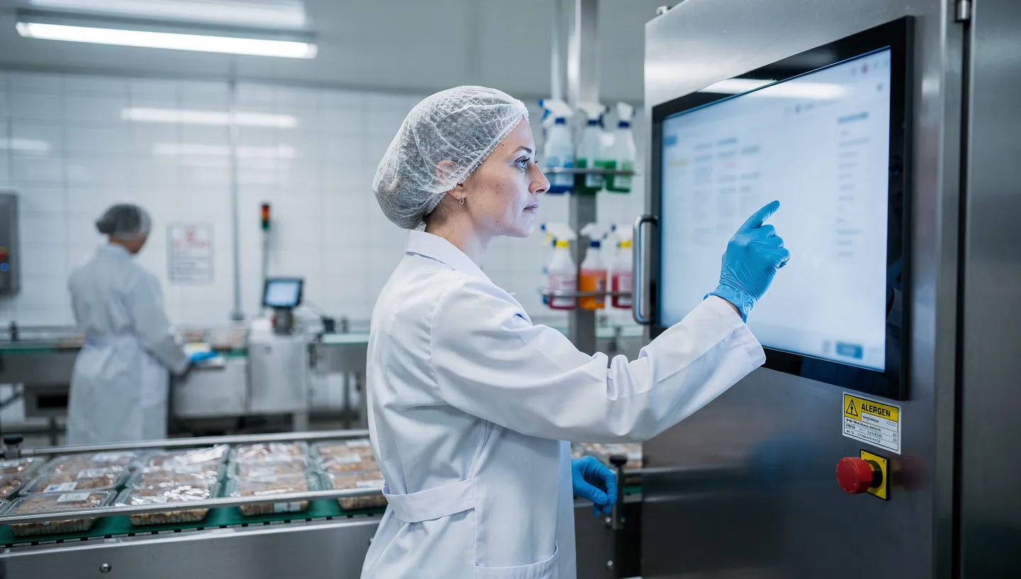 Operator verifying quality parameters on a digital display in a food production facility