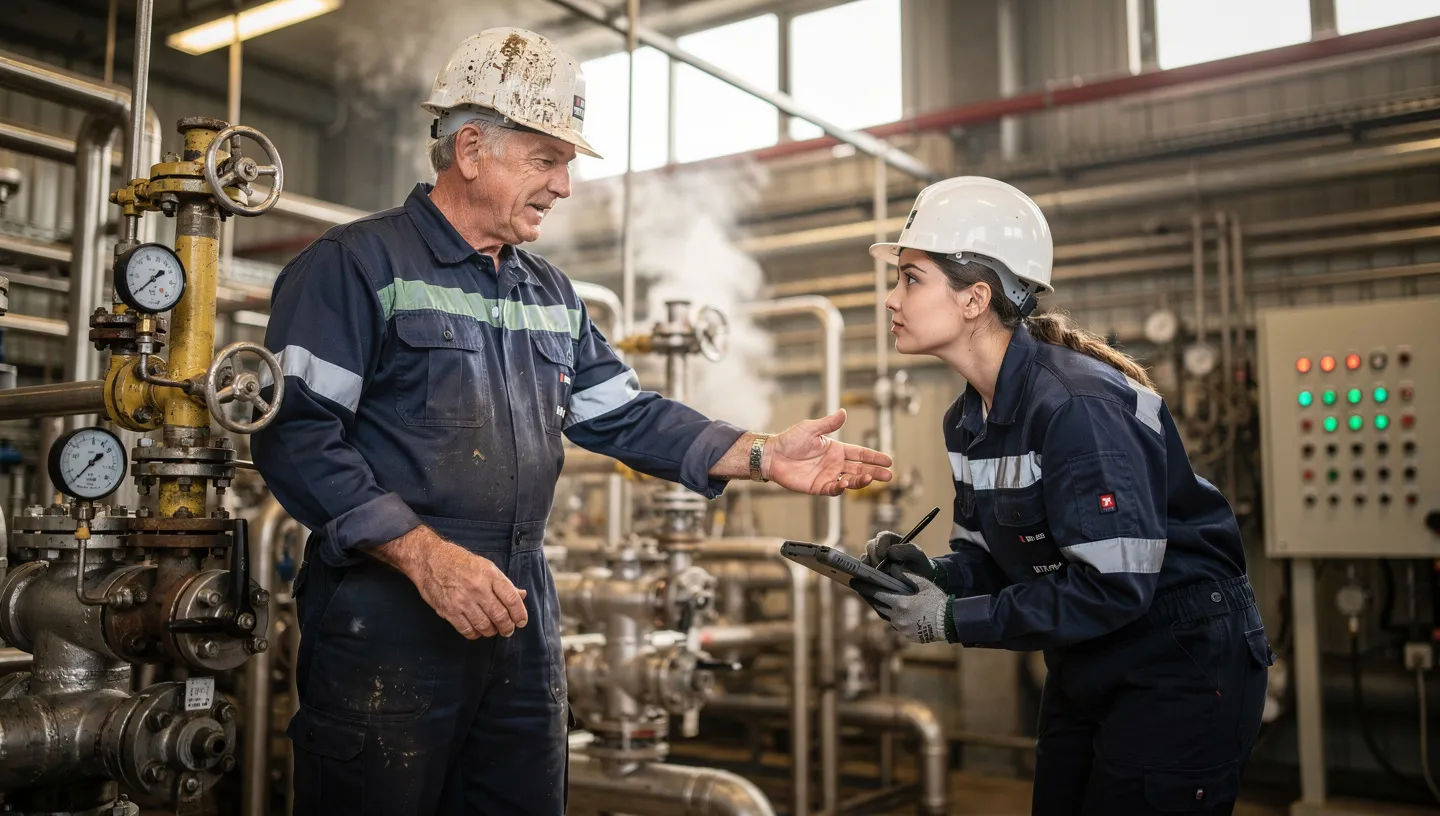 Experienced operator sharing process knowledge with a colleague on a chemical production floor