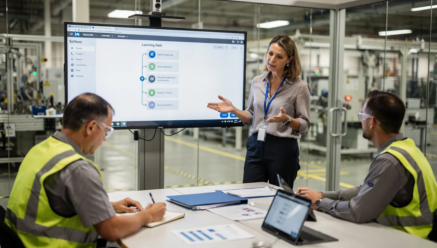 Training manager reviewing operator qualification progress on a digital display