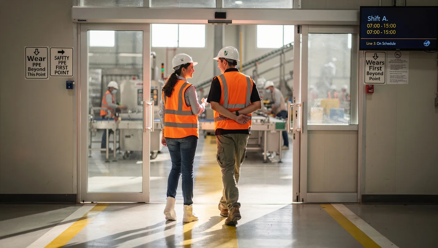 Experienced mentor guiding a new operator through their first day on a production line