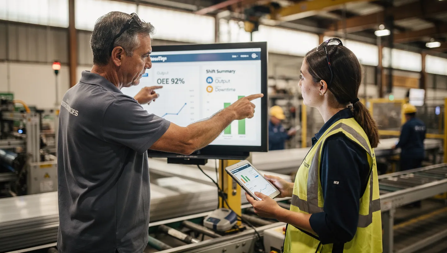 Operations leader reviewing performance data with a shift supervisor on the production floor