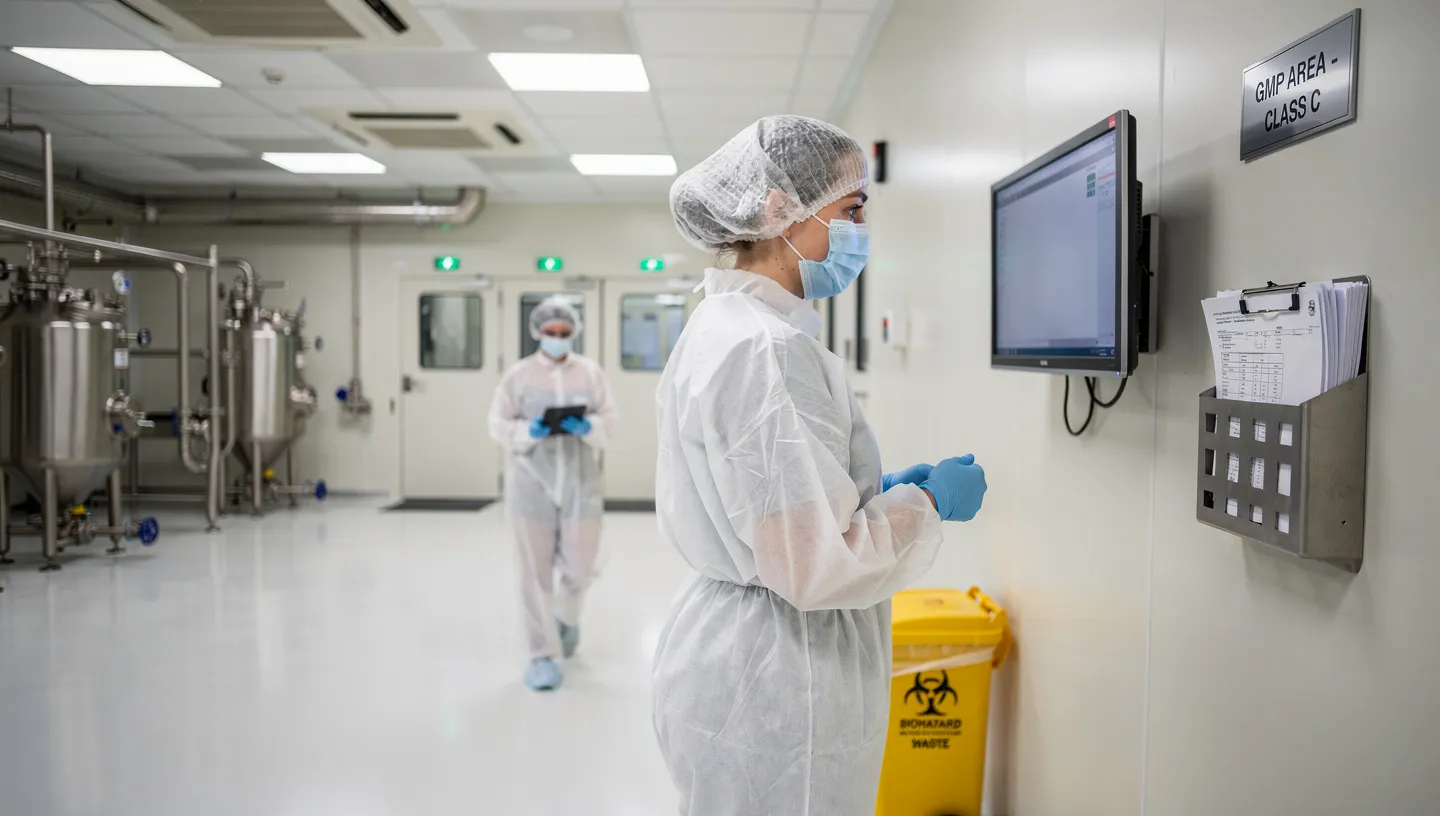 Quality specialist reviewing controlled documents in a pharmaceutical clean room