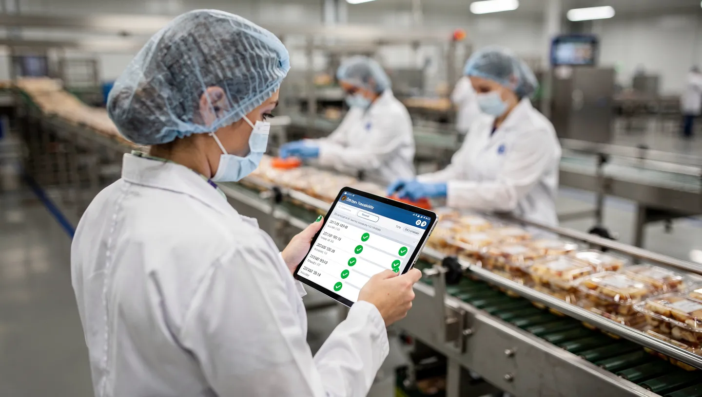 Quality manager reviewing traceability records on a tablet during a plant walkthrough