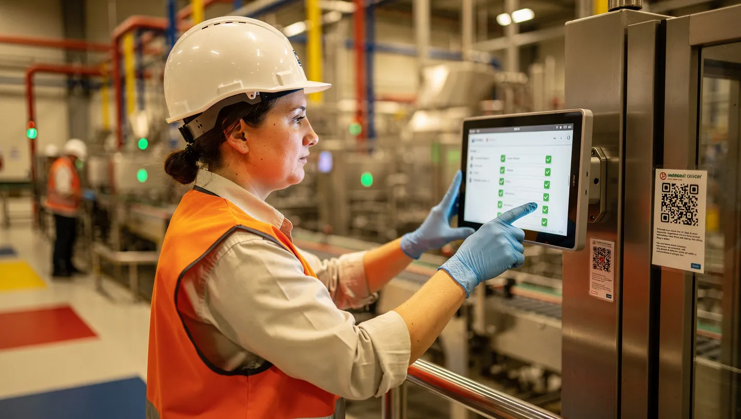 Operator executing a qualification-gated checklist on a production line tablet