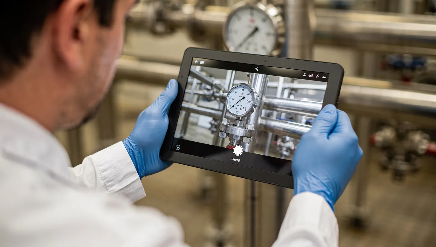 Operator photographing a pressure gauge reading for real-time data capture