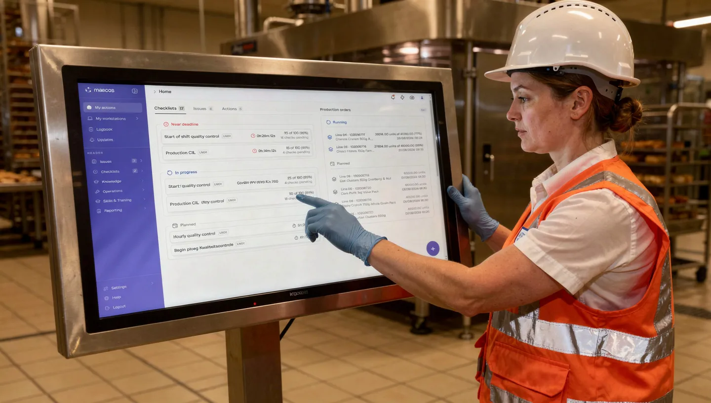 Operator using Maecos standard work checklists on a tablet at a food production line