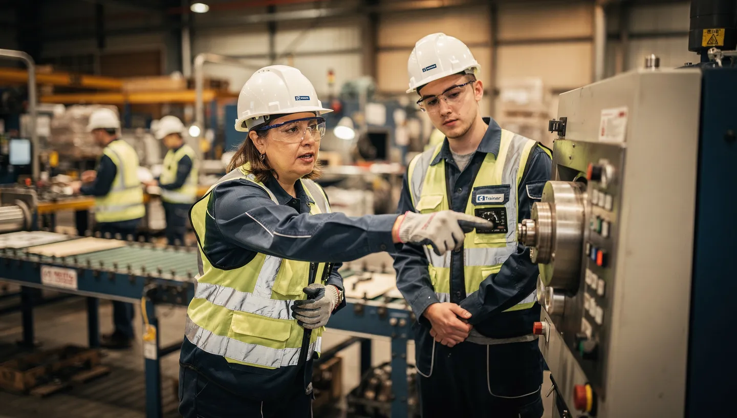 Experienced operator training a new hire at a production station