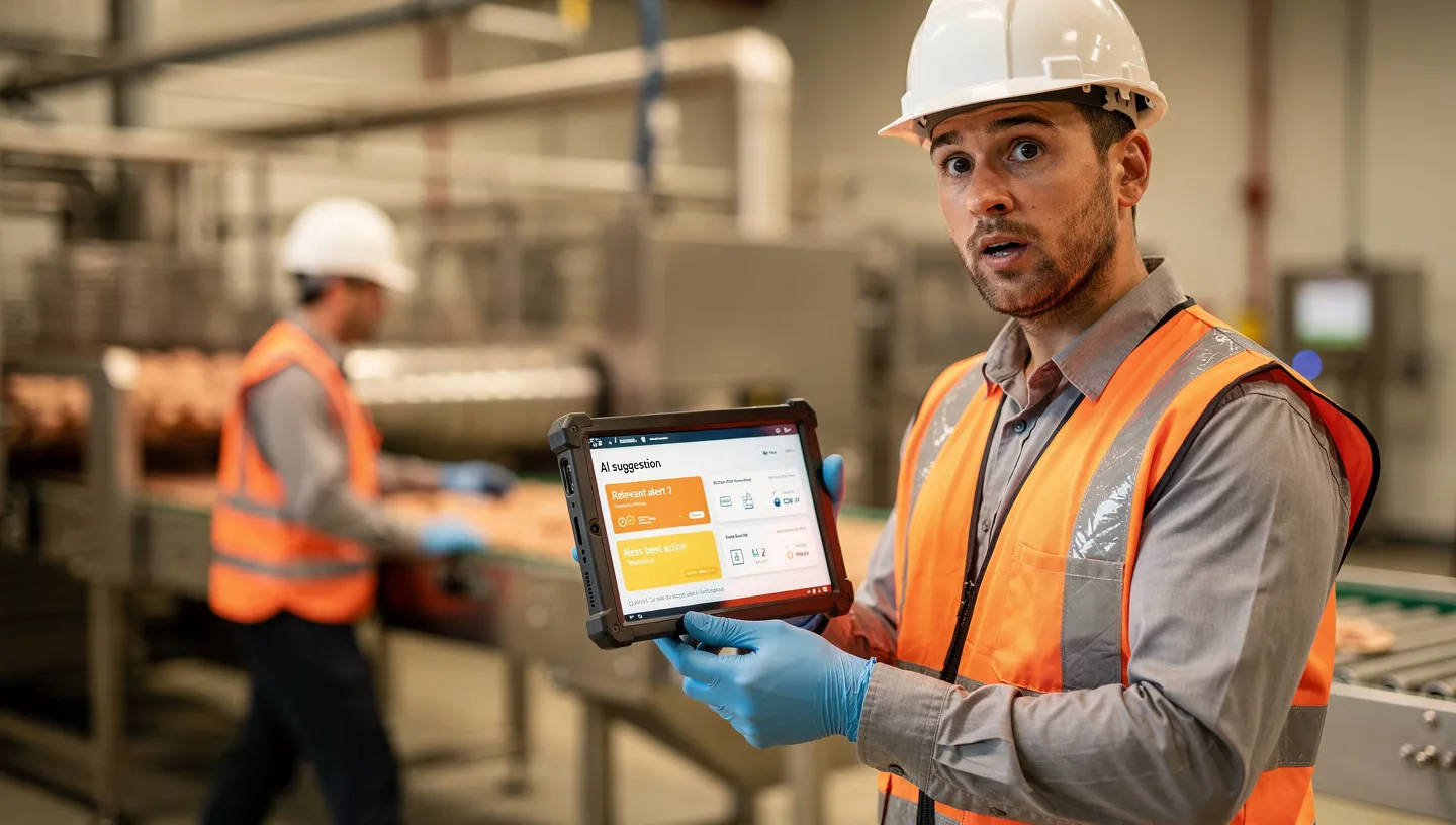 Operator on the production floor receiving AI-surfaced guidance on a tablet