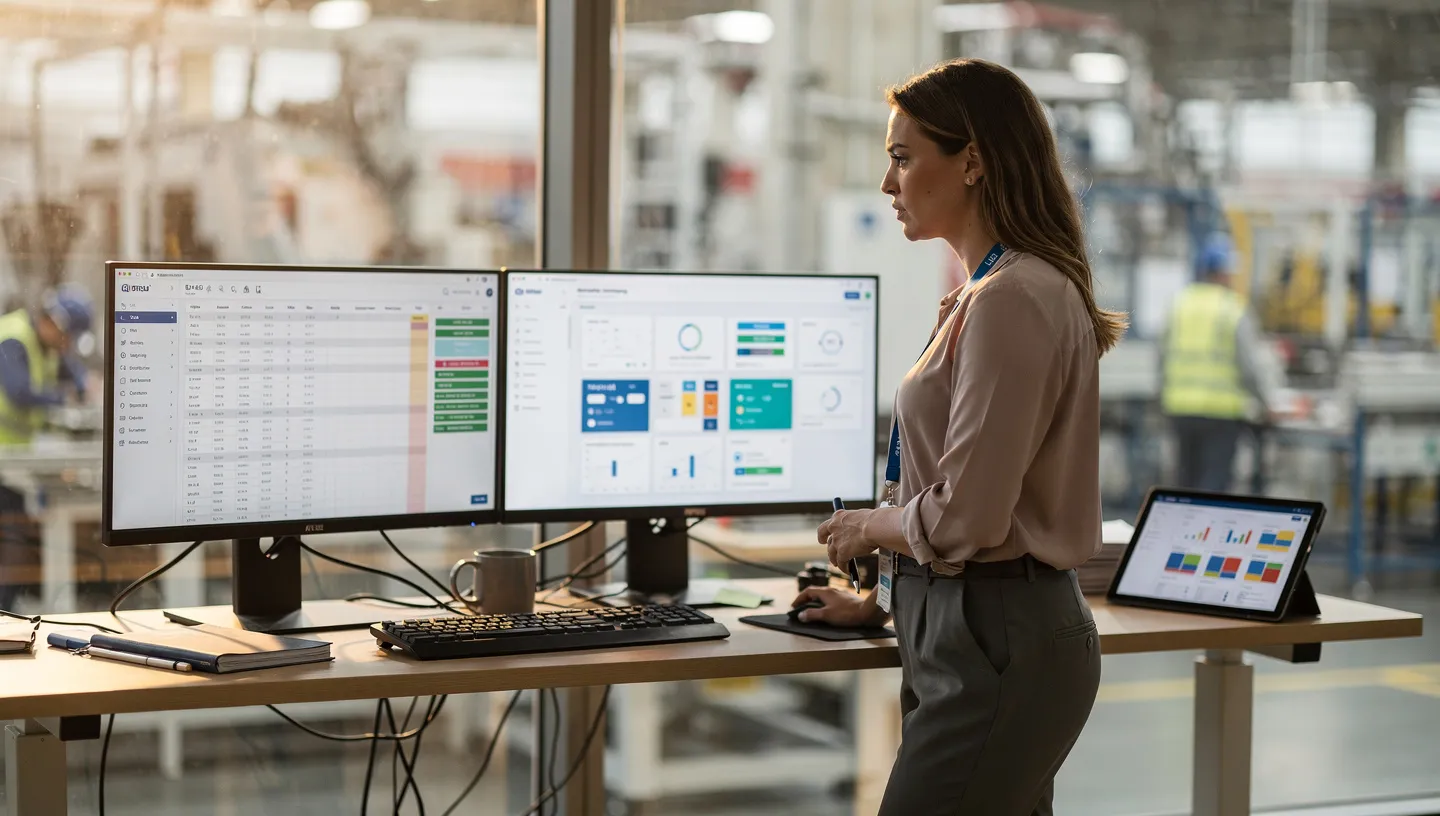 Maecos platform running alongside SAP and Power BI on a plant manager's desk